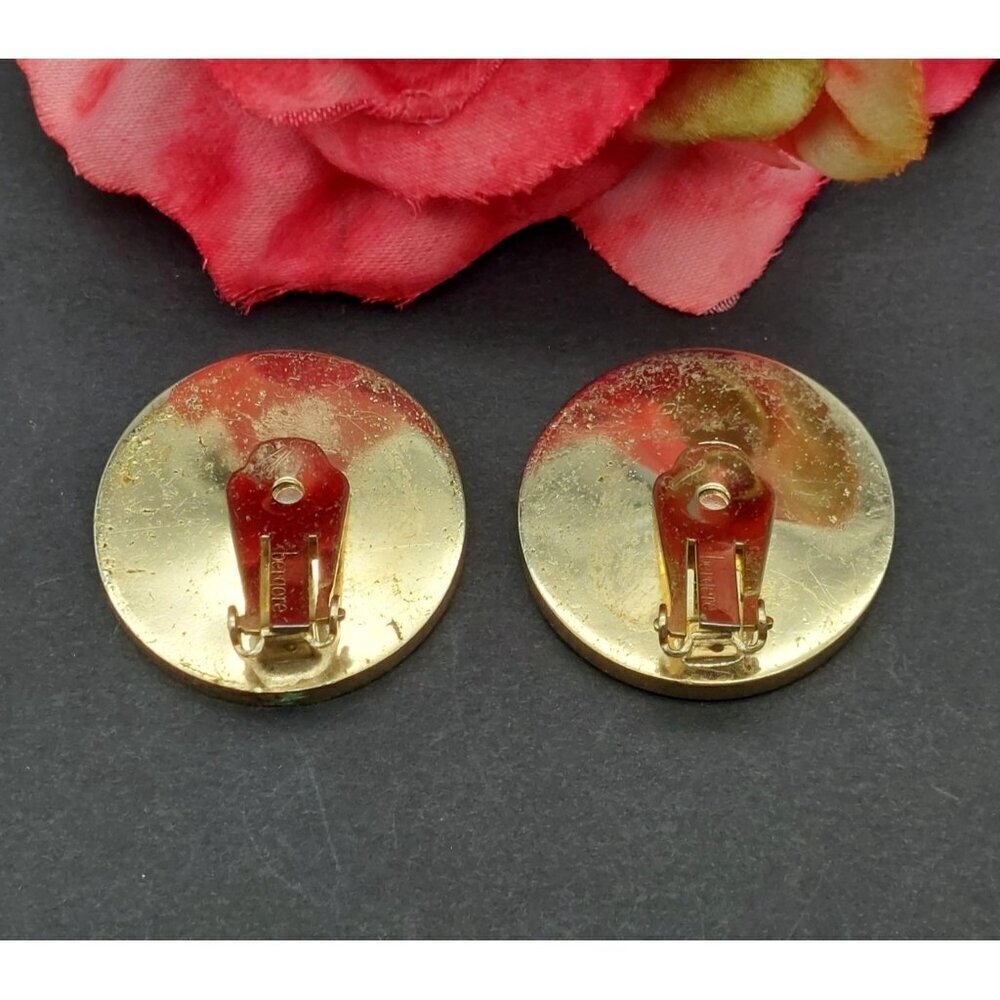 Vintage Bergere Clip On Earrings Large Circles Black Enamel & Gold Swirl Retro - Picture 5 of 7